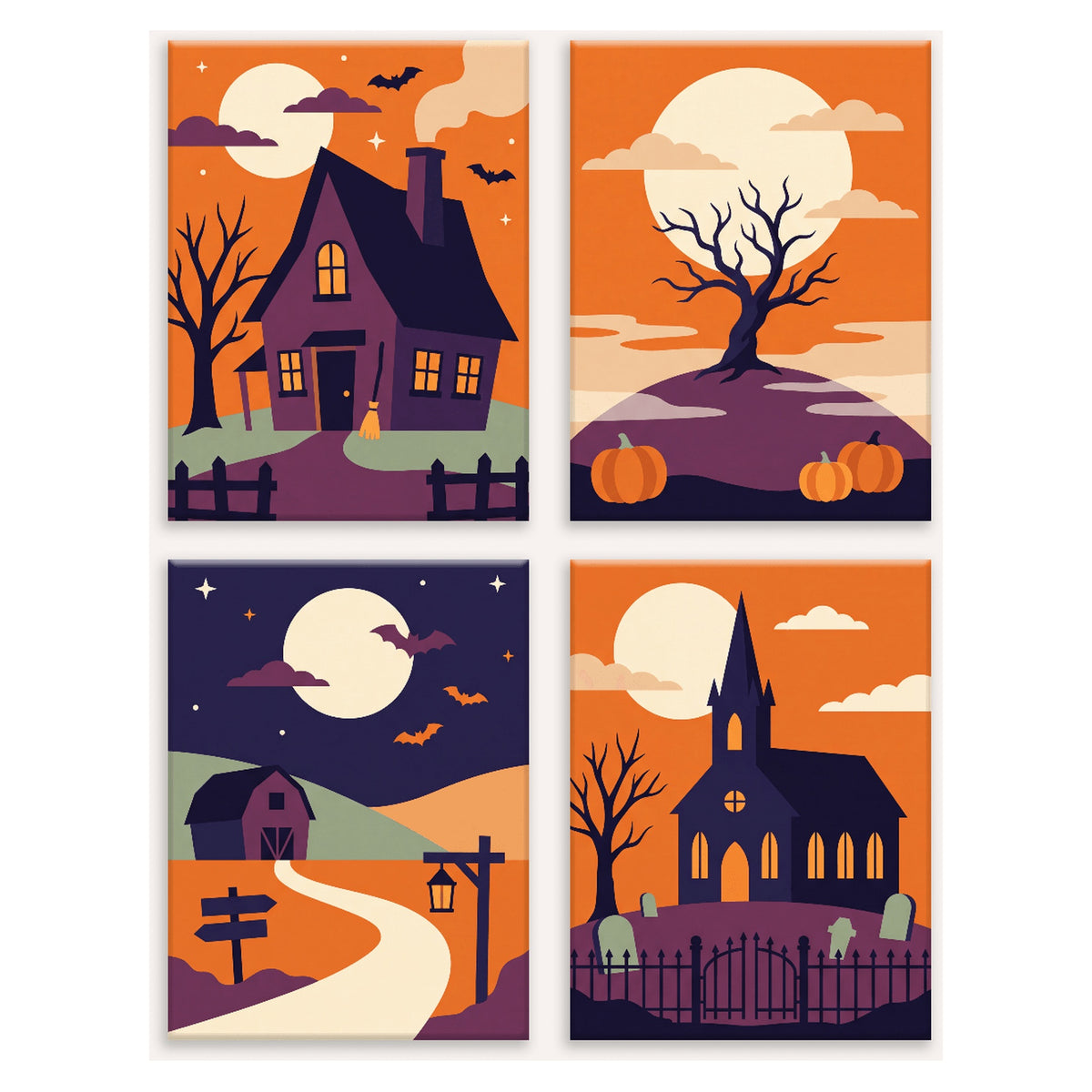 Coffret 4 peintures par numéro Ciel Orange de Minuit – maison, arbre nu, grange et église sous un ciel orange – Maison Artsen