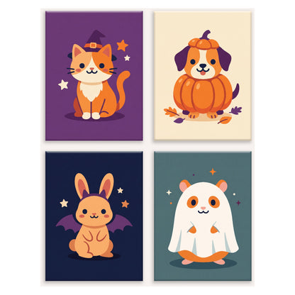 Coffret 4 peintures par numéro Compagnons Déguisés – chat, chien, lapin et hamster déguisés pour la fête – Maison Artsen