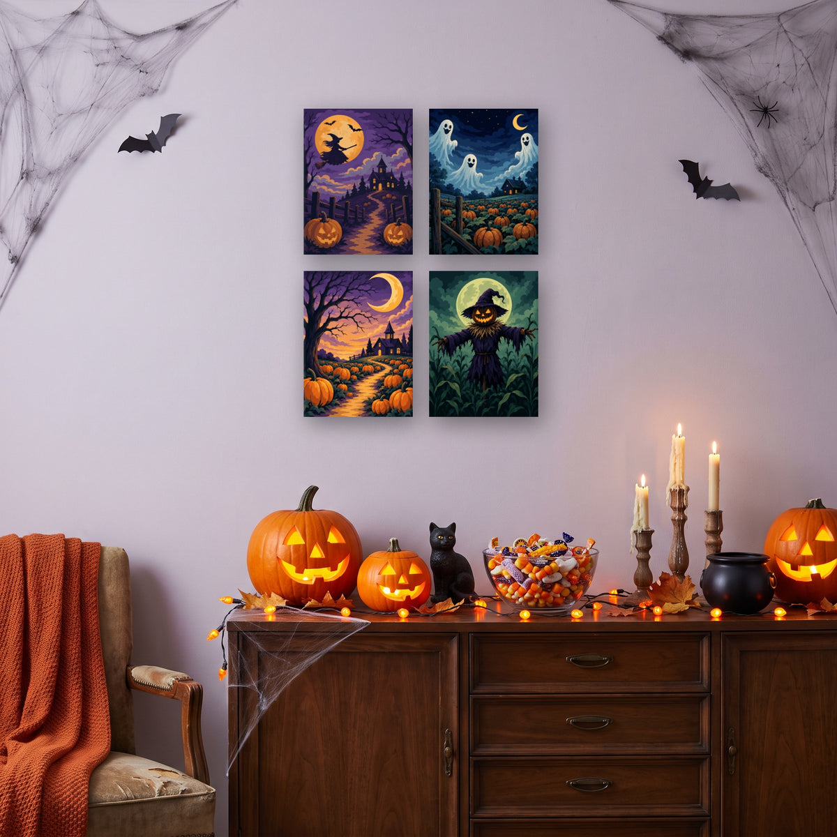 Coffret 4 mini-toiles Contes de Minuit accrochées dans un salon décoré pour Halloween — Maison Artsen