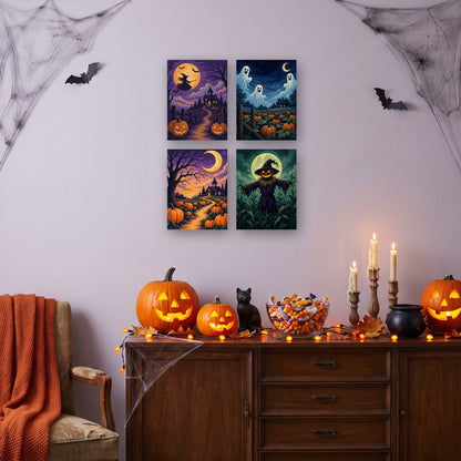 Coffret 4 mini-toiles Contes de Minuit accrochées dans un salon décoré pour Halloween — Maison Artsen