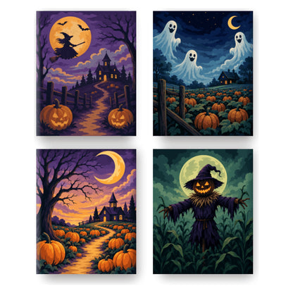 Coffret 4 peintures par numéro Contes de Minuit – sorcière, fantômes et épouvantail dans la nuit – Maison Artsen