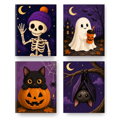 Coffret 4 peintures par numéro Copains de la Nuit – squelette, fantôme, chat noir et chauve-souris la nuit – Maison Artsen
