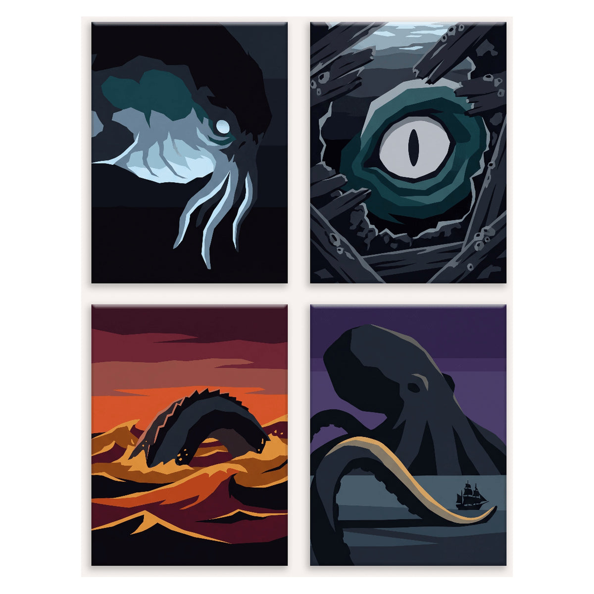Coffret 4 peintures par numéro Créatures des Abysses – pieuvre, œil, serpent de mer et kraken des abysses – Maison Artsen