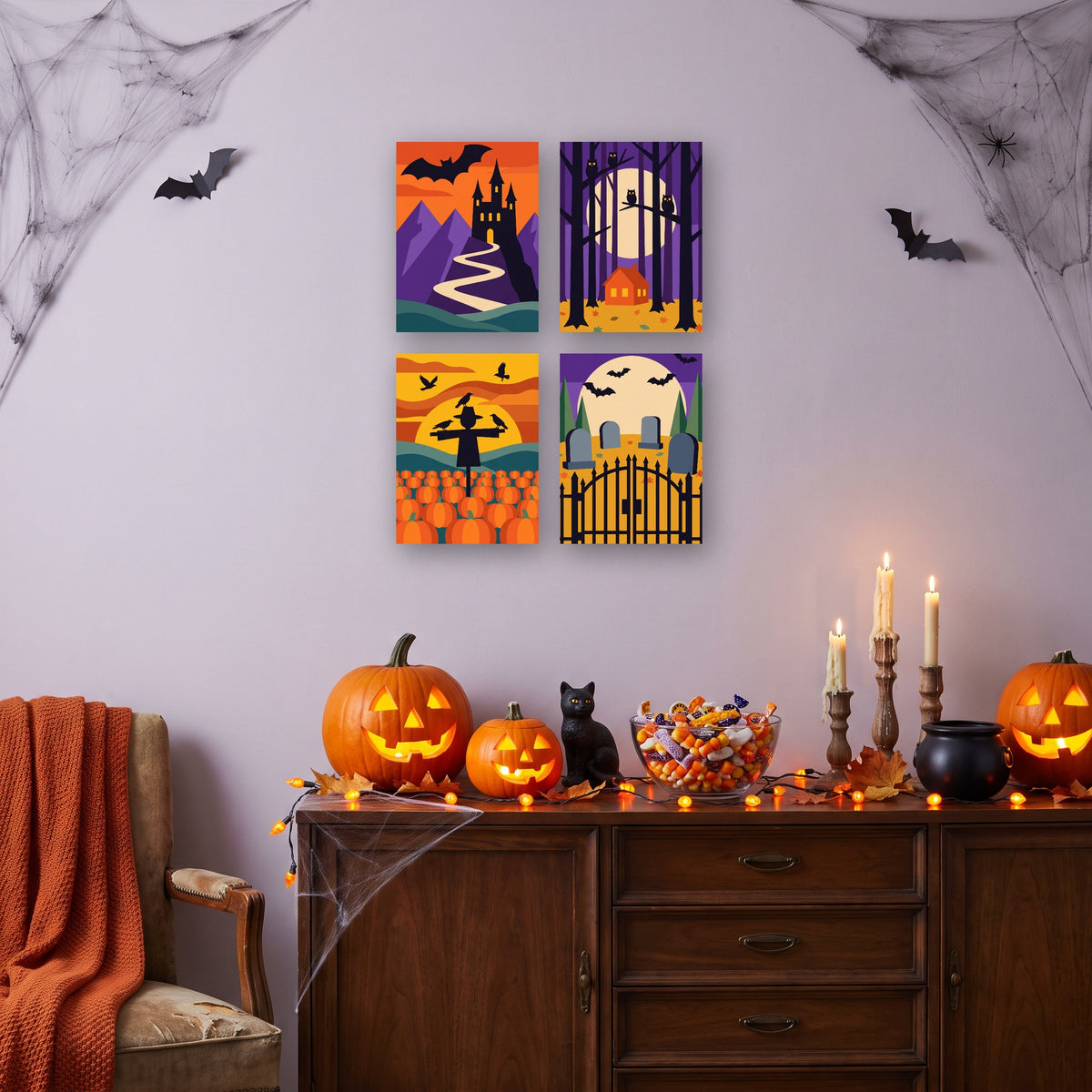 Coffret 4 mini-toiles Crépuscule Hanté accrochées dans un salon décoré pour Halloween — Maison Artsen