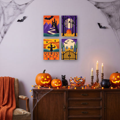 Coffret 4 mini-toiles Crépuscule Hanté accrochées dans un salon décoré pour Halloween — Maison Artsen