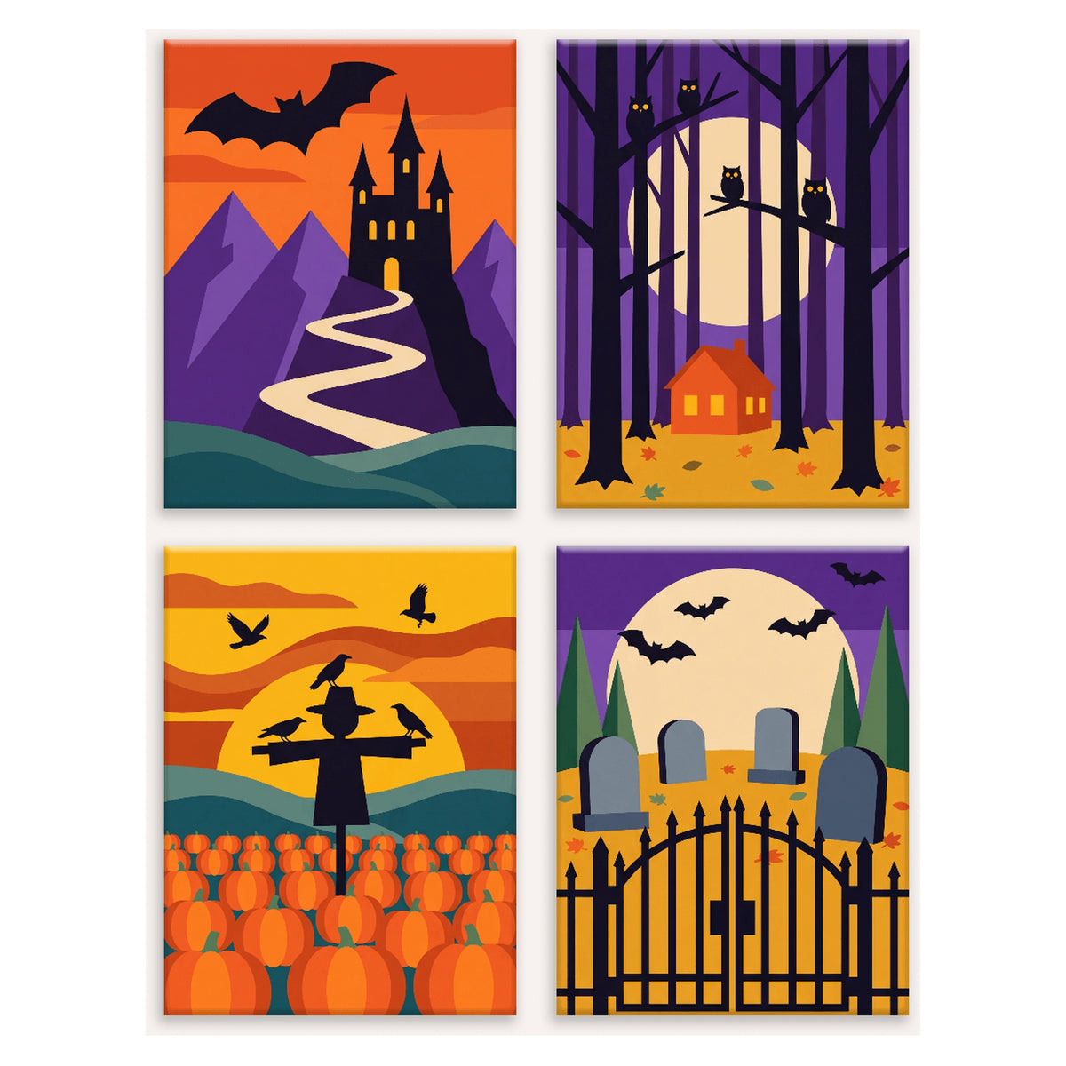 Coffret 4 peintures par numéro Crépuscule Hanté – château, hibou, épouvantail au couchant et portail de cimetière – Maison Artsen