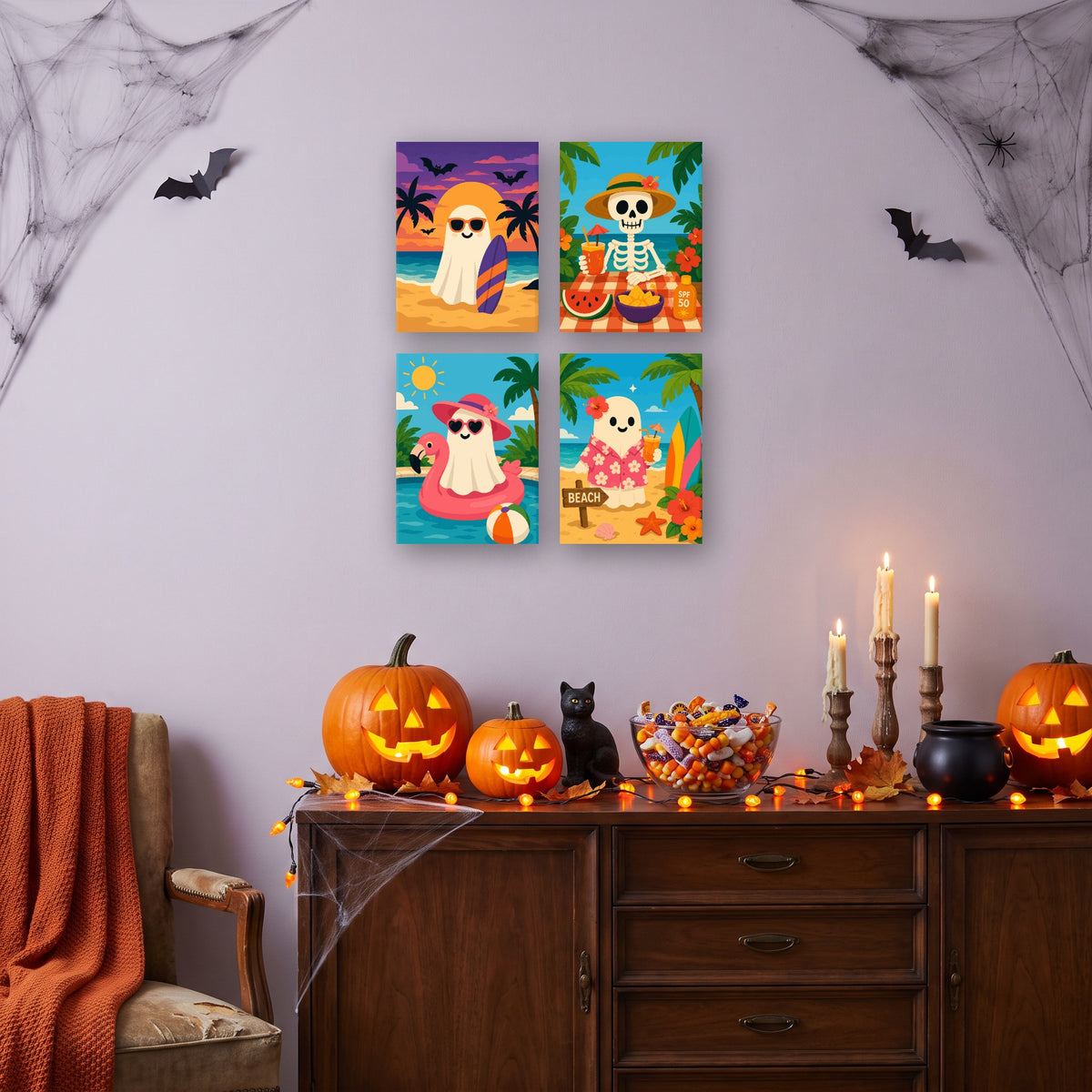 Coffret 4 mini-toiles Été des Fantômes Surfeurs accrochées dans un salon décoré pour Halloween — Maison Artsen