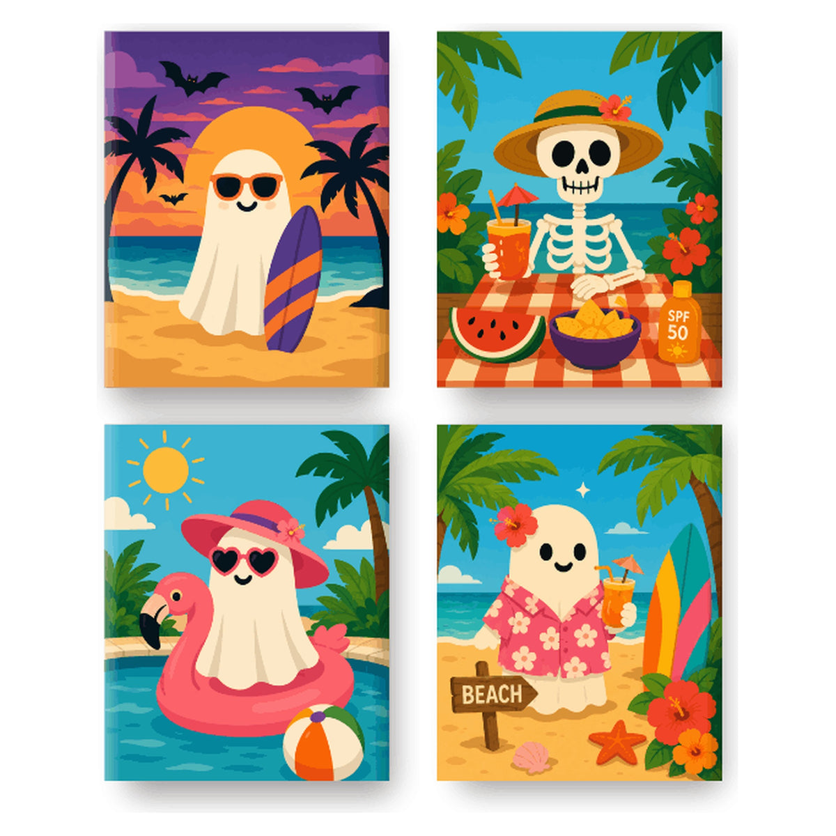 Coffret 4 peintures par numéro Été des Fantômes Surfeurs – fantômes et squelette en vacances sous les palmiers – Maison Artsen