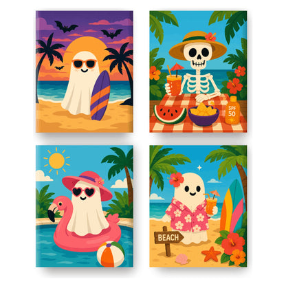 Coffret 4 peintures par numéro Été des Fantômes Surfeurs – fantômes et squelette en vacances sous les palmiers – Maison Artsen