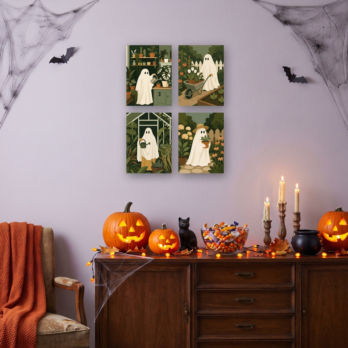 Coffret 4 mini-toiles Fantômes au Jardin accrochées dans un salon décoré pour Halloween — Maison Artsen
