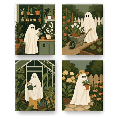Coffret 4 peintures par numéro Fantômes au Jardin – petits fantômes jardiniers parmi les plantes vertes – Maison Artsen