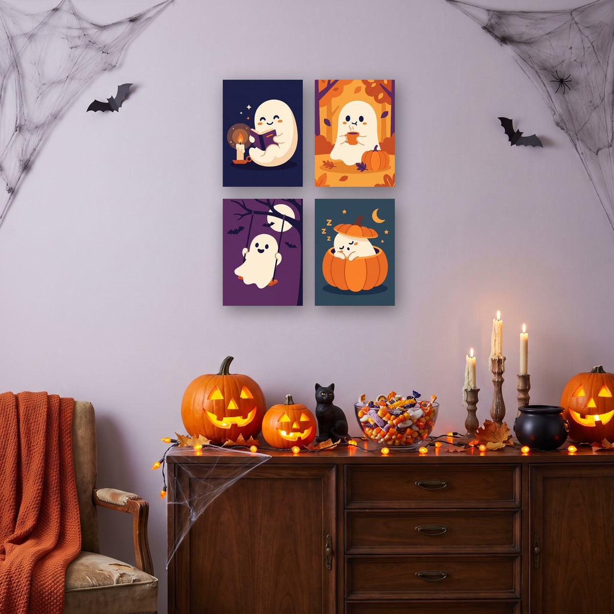 Coffret 4 mini-toiles Fantômes Bien Occupés accrochées dans un salon décoré pour Halloween — Maison Artsen