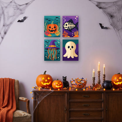 Coffret 4 mini-toiles Fantômes des Profondeurs accrochées dans un salon décoré pour Halloween — Maison Artsen