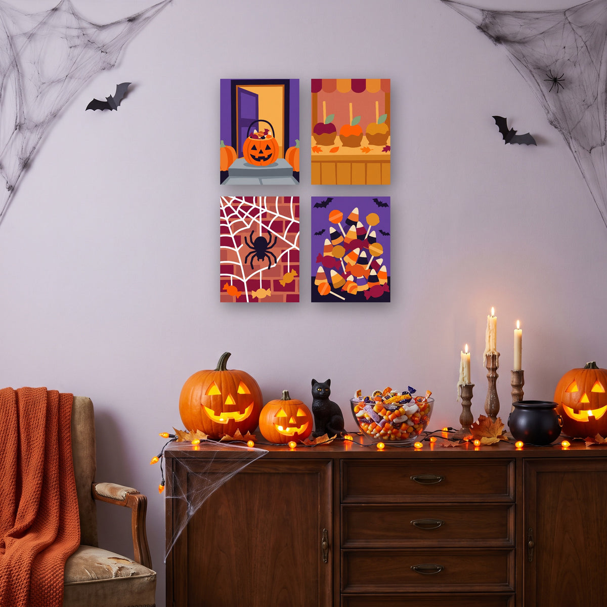 Coffret 4 mini-toiles Festin de Bonbons accrochées dans un salon décoré pour Halloween — Maison Artsen