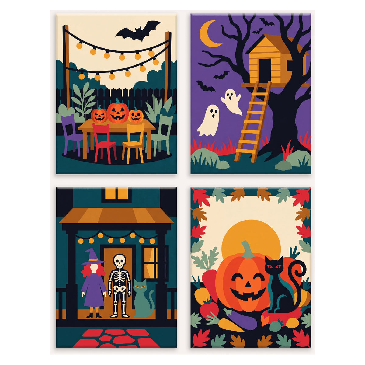 Coffret 4 peintures par numéro Fête au Jardin – jardin en fête, cabane hantée, perron et citrouille rieuse – Maison Artsen