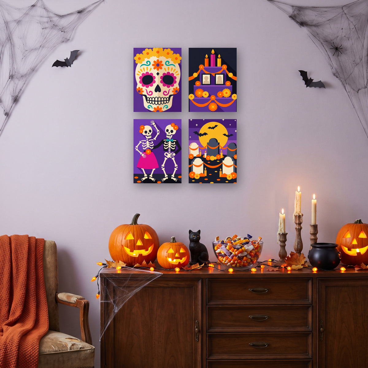 Coffret 4 mini-toiles Fête des Morts accrochées dans un salon décoré pour Halloween — Maison Artsen