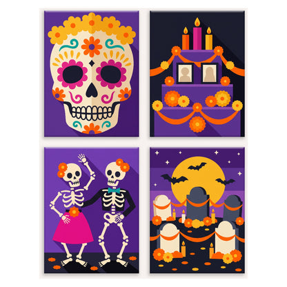 Coffret 4 peintures par numéro Fête des Morts – calavera fleurie, autel, squelettes dansants et cimetière fleuri – Maison Artsen