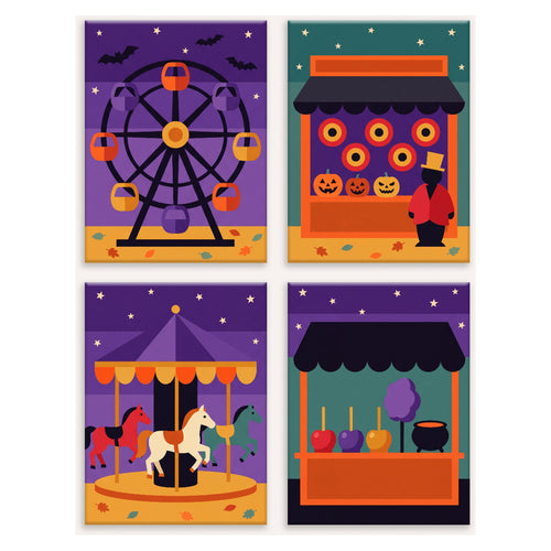 Coffret 4 peintures par numéro Fête Foraine Hantée – grande roue, stand de tir, carrousel et pommes d'amour – Maison Artsen