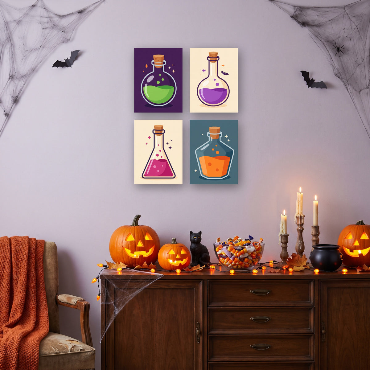 Coffret 4 mini-toiles Fioles Mystérieuses accrochées dans un salon décoré pour Halloween — Maison Artsen