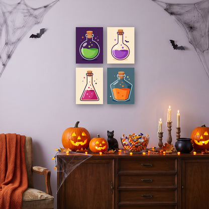 Coffret 4 mini-toiles Fioles Mystérieuses accrochées dans un salon décoré pour Halloween — Maison Artsen