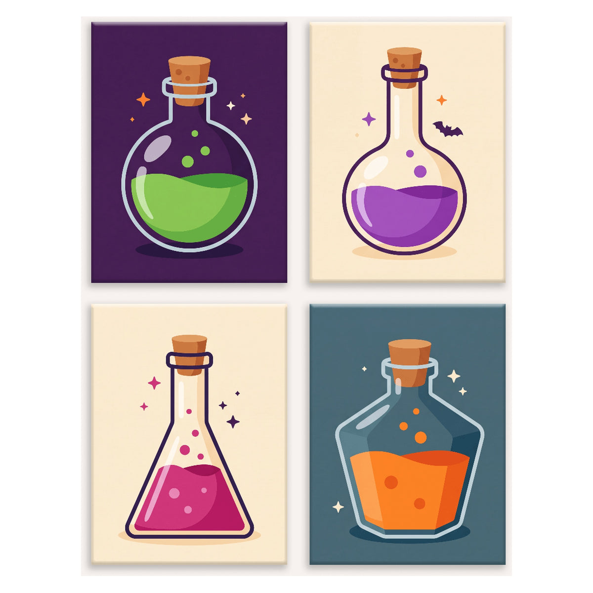 Coffret 4 peintures par numéro Fioles Mystérieuses – quatre fioles de potion aux couleurs vives – Maison Artsen