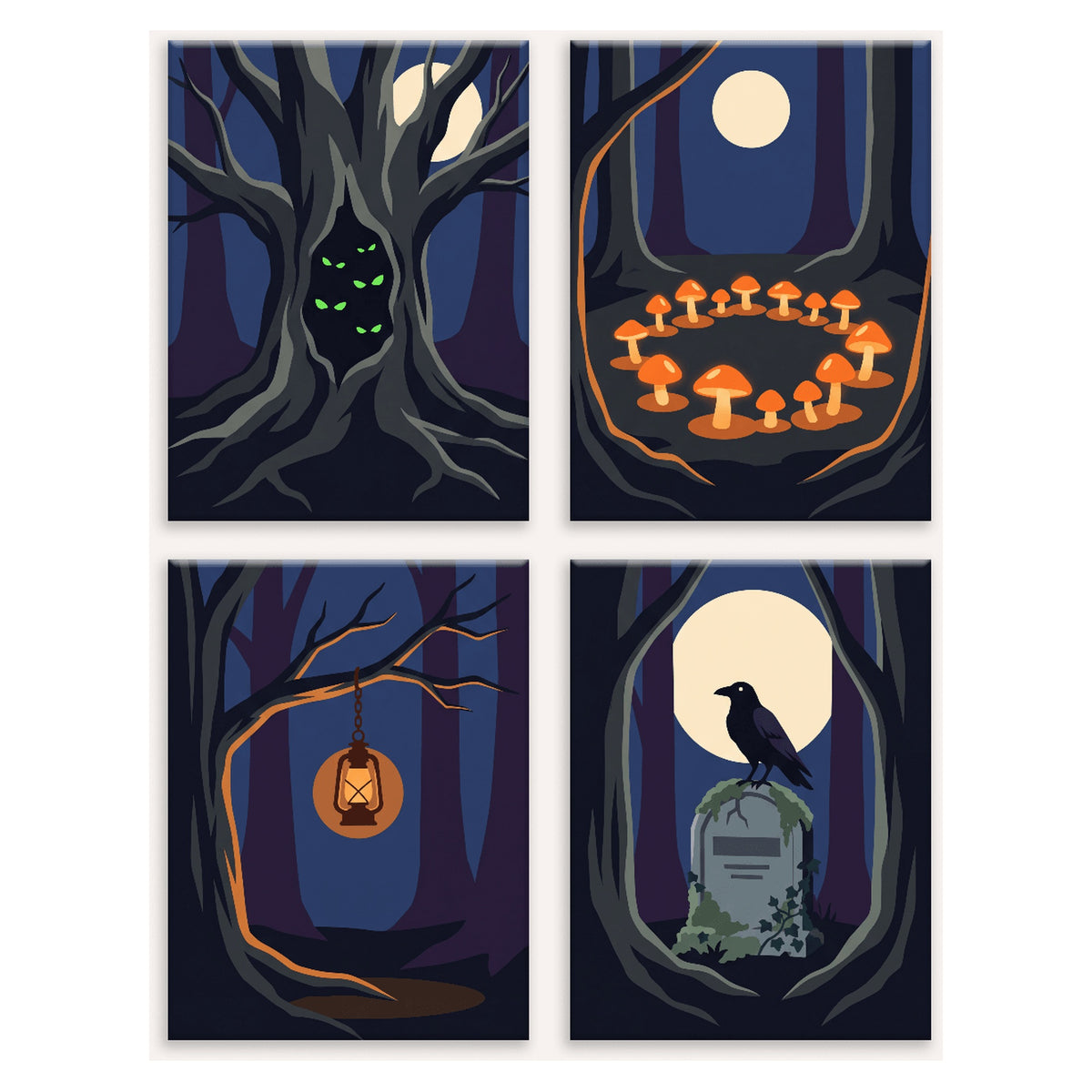 Coffret 4 peintures par numéro Forêt aux Yeux Verts – arbre creux, champignons lumineux et corbeau sous la lune – Maison Artsen