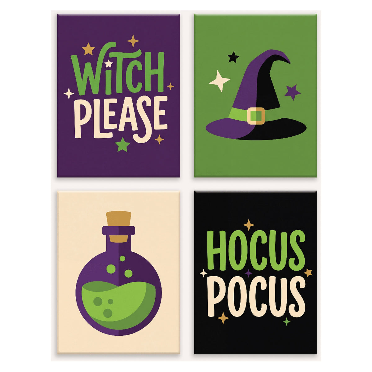 Coffret 4 peintures par numéro Formules de Sorcière – lettrages de sorcière, chapeau pointu et potion verte – Maison Artsen