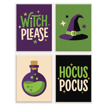 Coffret 4 peintures par numéro Formules de Sorcière – lettrages de sorcière, chapeau pointu et potion verte – Maison Artsen