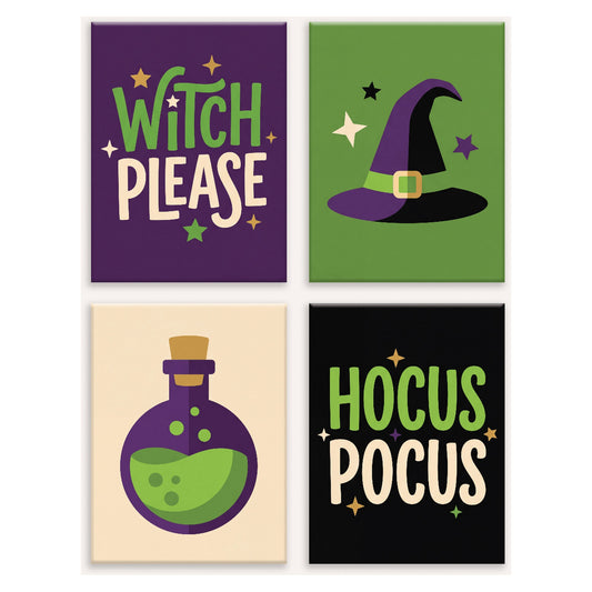 Coffret 4 peintures par numéro Formules de Sorcière – lettrages de sorcière, chapeau pointu et potion verte – Maison Artsen