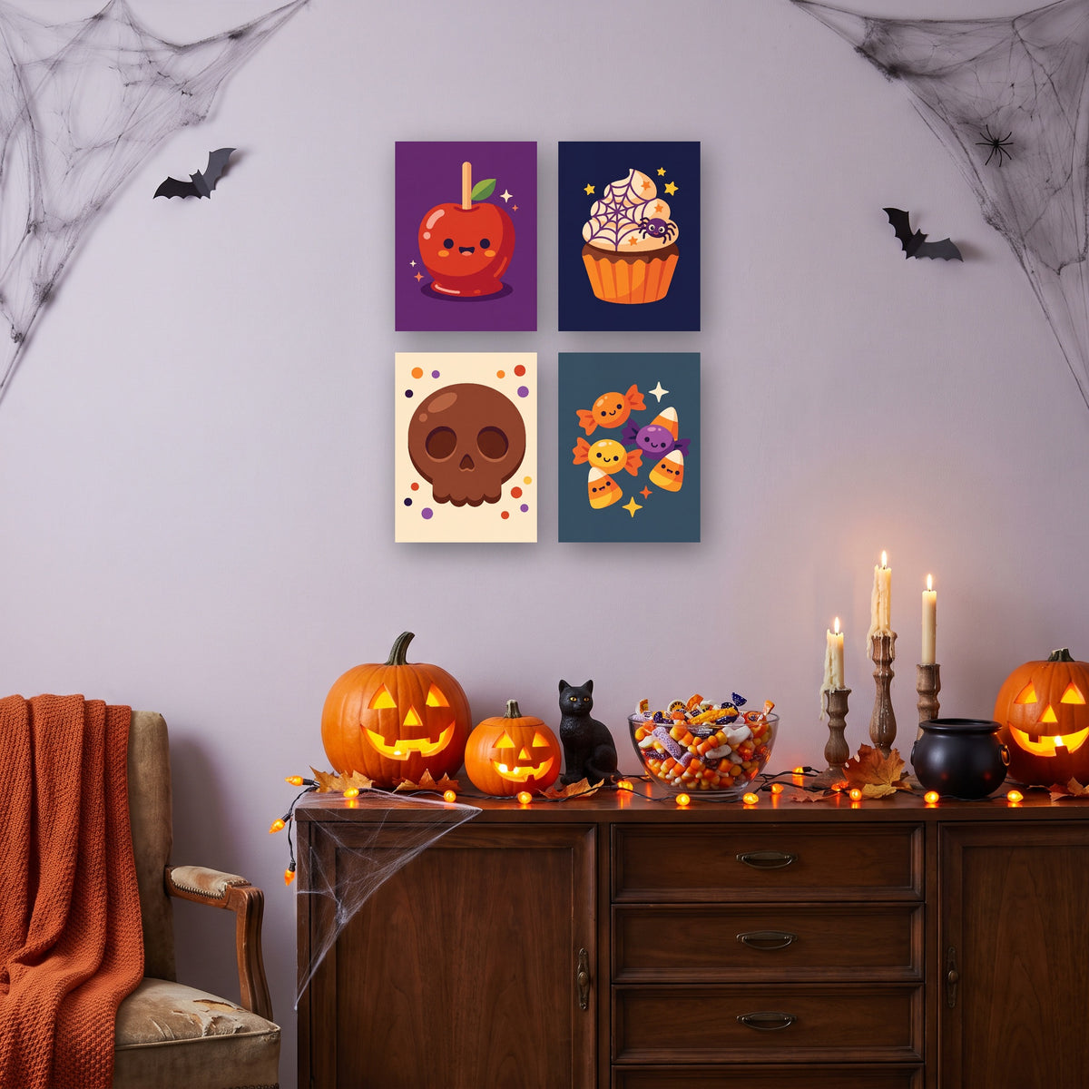 Coffret 4 mini-toiles Friandises Farceuses accrochées dans un salon décoré pour Halloween — Maison Artsen