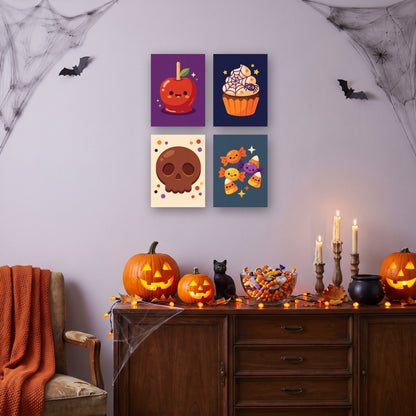 Coffret 4 mini-toiles Friandises Farceuses accrochées dans un salon décoré pour Halloween — Maison Artsen