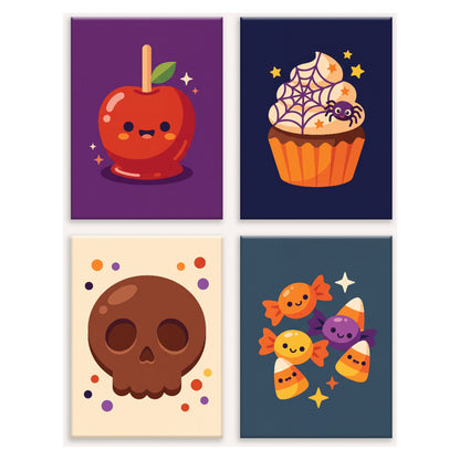 Coffret 4 peintures par numéro Friandises Farceuses – pomme d'amour, cupcake, crâne en chocolat et bonbons – Maison Artsen