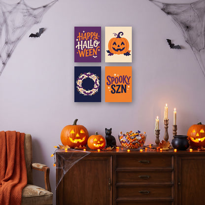 Coffret 4 mini-toiles Joyeux Halloween accrochées dans un salon décoré pour Halloween — Maison Artsen