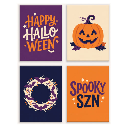 Coffret 4 peintures par numéro Joyeux Halloween – lettrages de fête, citrouille sculptée et couronne d'automne – Maison Artsen
