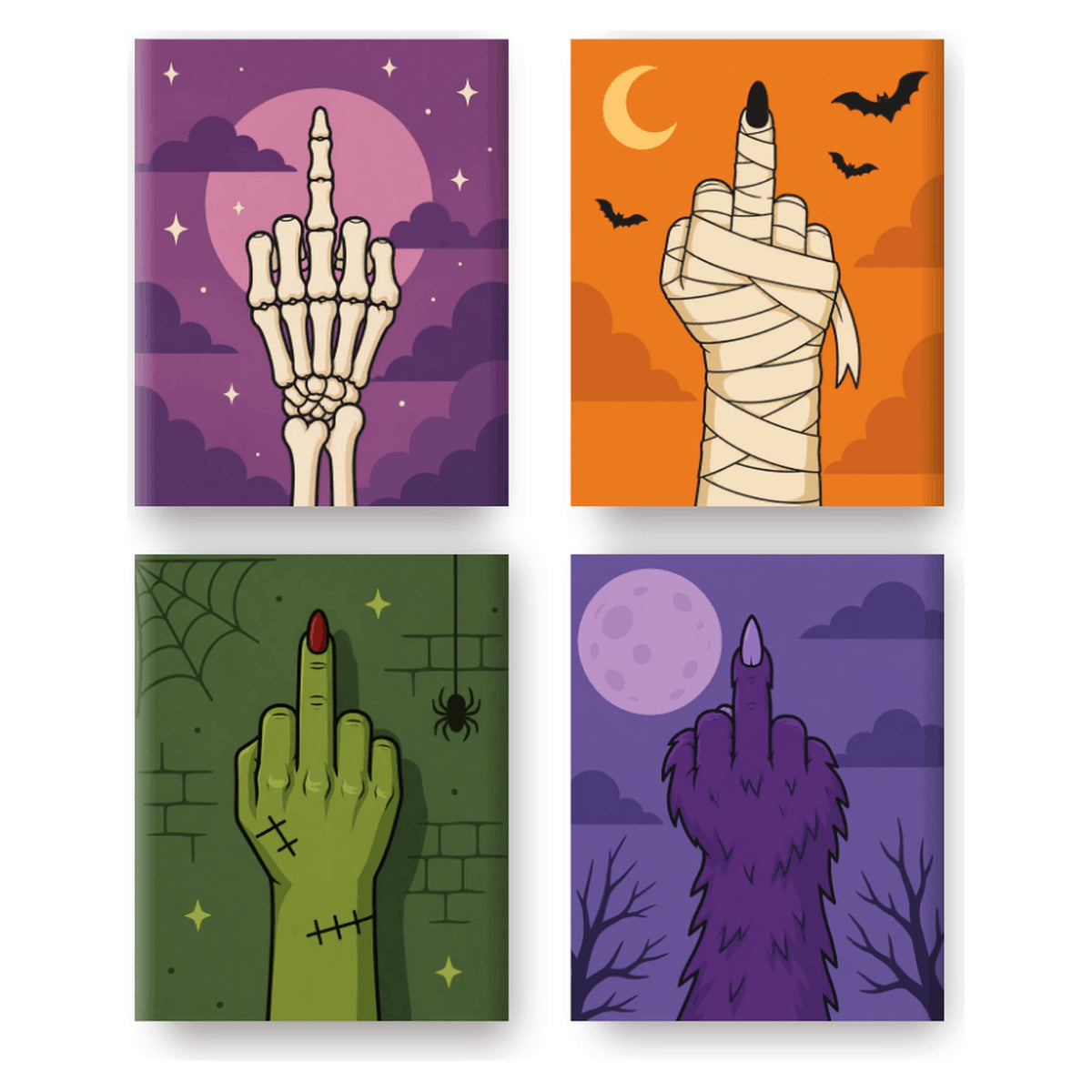 Coffret 4 peintures par numéro Mains Monstrueuses – mains de squelette, momie et loup-garou sous la lune – Maison Artsen