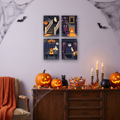 Coffret 4 mini-toiles Manoir aux Fantômes accrochées dans un salon décoré pour Halloween — Maison Artsen