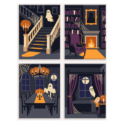 Coffret 4 peintures par numéro Manoir aux Fantômes – escalier, bibliothèque, salle à manger et chambre hantées – Maison Artsen