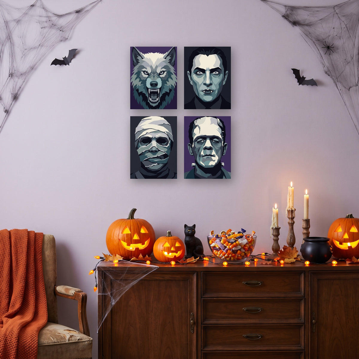 Coffret 4 mini-toiles Monstres de Légende accrochées dans un salon décoré pour Halloween — Maison Artsen