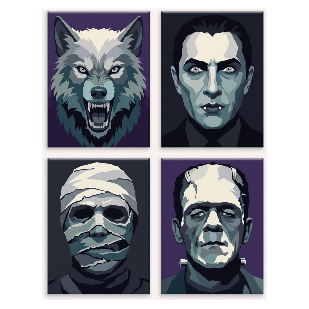 Coffret 4 peintures par numéro Monstres de Légende – loup-garou, vampire, momie et créature en portraits sombres – Maison Artsen