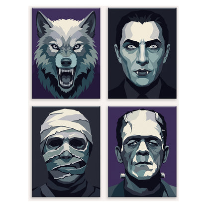 Coffret 4 peintures par numéro Monstres de Légende – loup-garou, vampire, momie et créature en portraits sombres – Maison Artsen