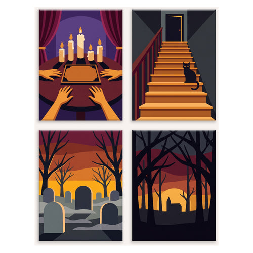 Coffret 4 peintures par numéro Nuit des Esprits – séance aux bougies, chat sur l'escalier, cimetière au couchant – Maison Artsen