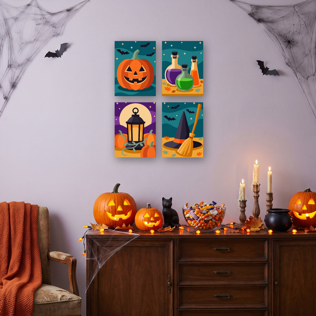 Coffret 4 mini-toiles Nuit des Sortilèges accrochées dans un salon décoré pour Halloween — Maison Artsen