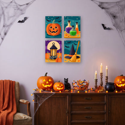 Coffret 4 mini-toiles Nuit des Sortilèges accrochées dans un salon décoré pour Halloween — Maison Artsen