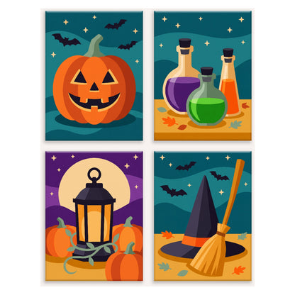 Coffret 4 peintures par numéro Nuit des Sortilèges – citrouille, potions, lanterne et chapeau de sorcière au balai – Maison Artsen