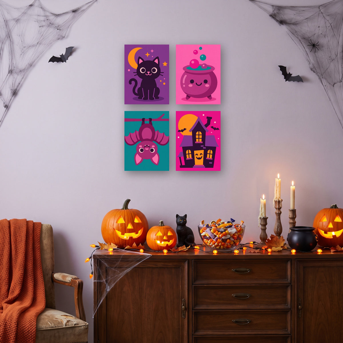 Coffret 4 mini-toiles Nuit Rose d'Halloween accrochées dans un salon décoré pour Halloween — Maison Artsen