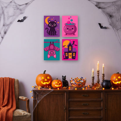 Coffret 4 mini-toiles Nuit Rose d'Halloween accrochées dans un salon décoré pour Halloween — Maison Artsen