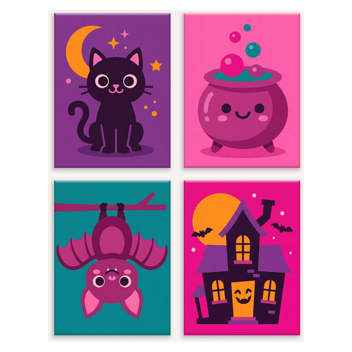 Coffret 4 peintures par numéro Nuit Rose d'Halloween – chat noir, chaudron, chauve-souris et maison en rose – Maison Artsen
