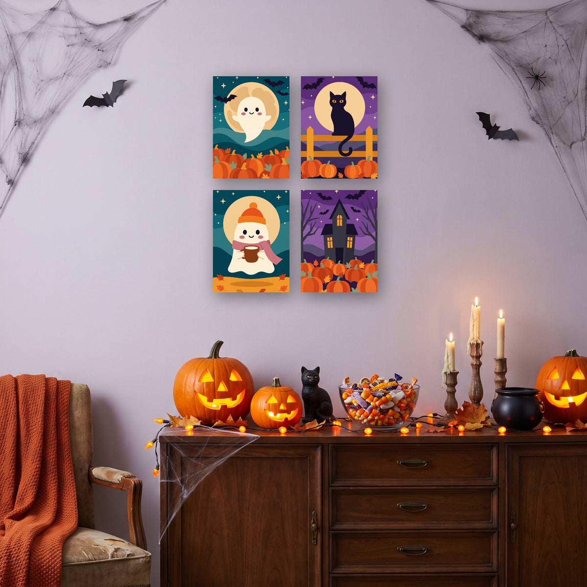Coffret 4 mini-toiles Nuits Douces des Fantômes accrochées dans un salon décoré pour Halloween — Maison Artsen