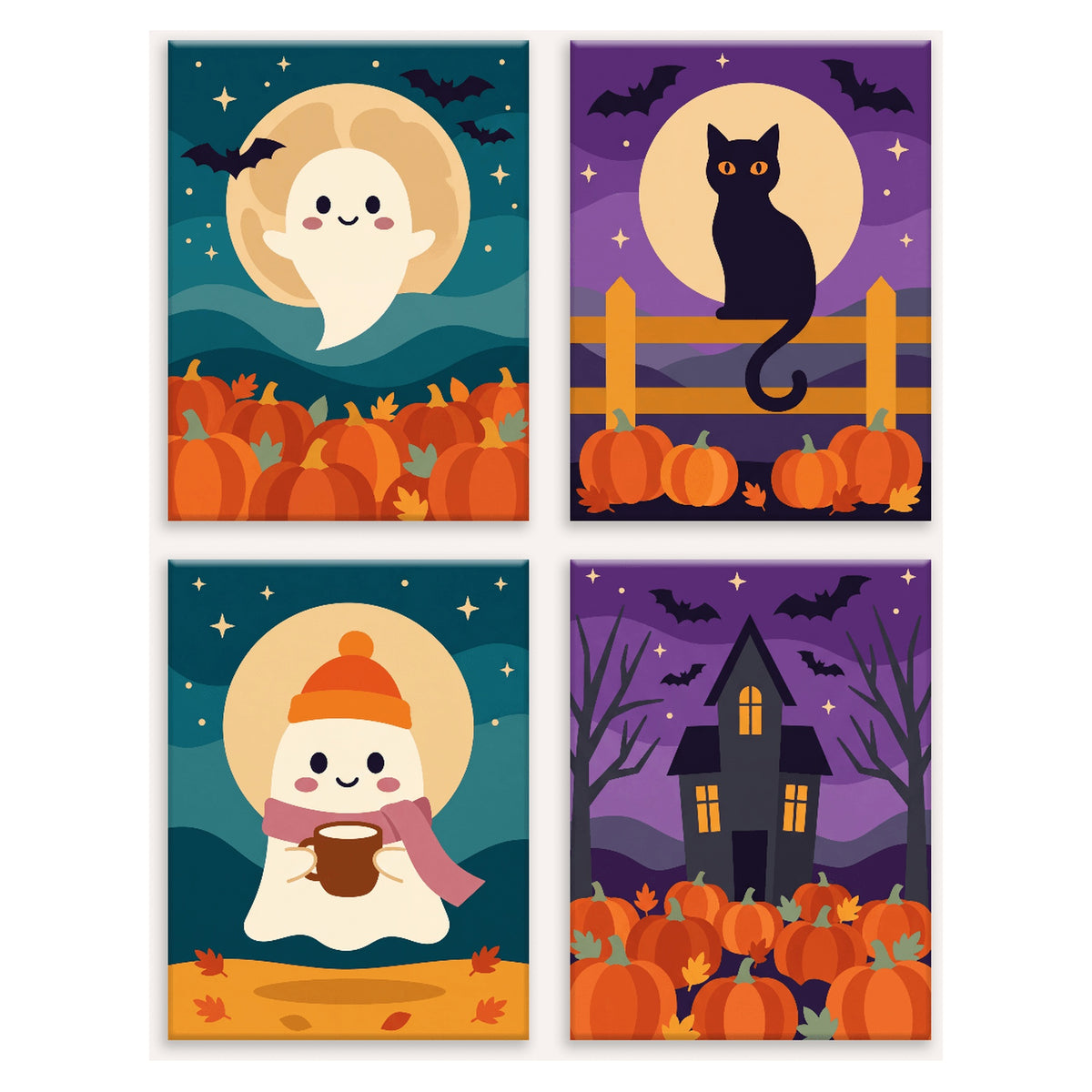 Coffret 4 peintures par numéro Nuits Douces des Fantômes – fantômes, chat noir et citrouilles sous la lune – Maison Artsen