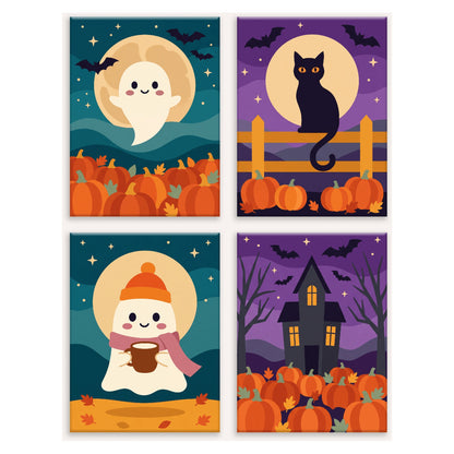 Coffret 4 peintures par numéro Nuits Douces des Fantômes – fantômes, chat noir et citrouilles sous la lune – Maison Artsen